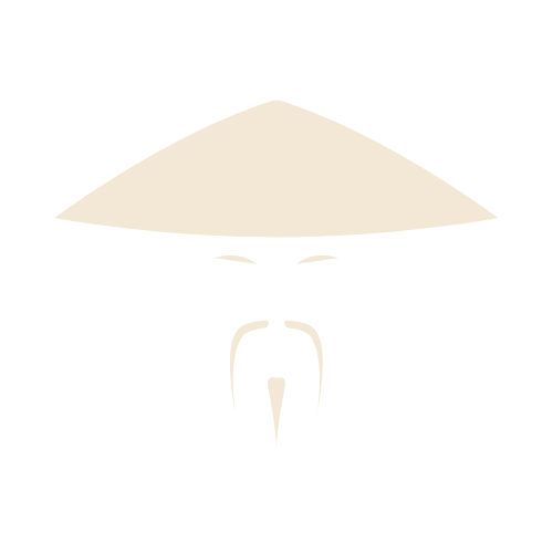 Minimal beige logo of a face wearing a wide hat on a black background.